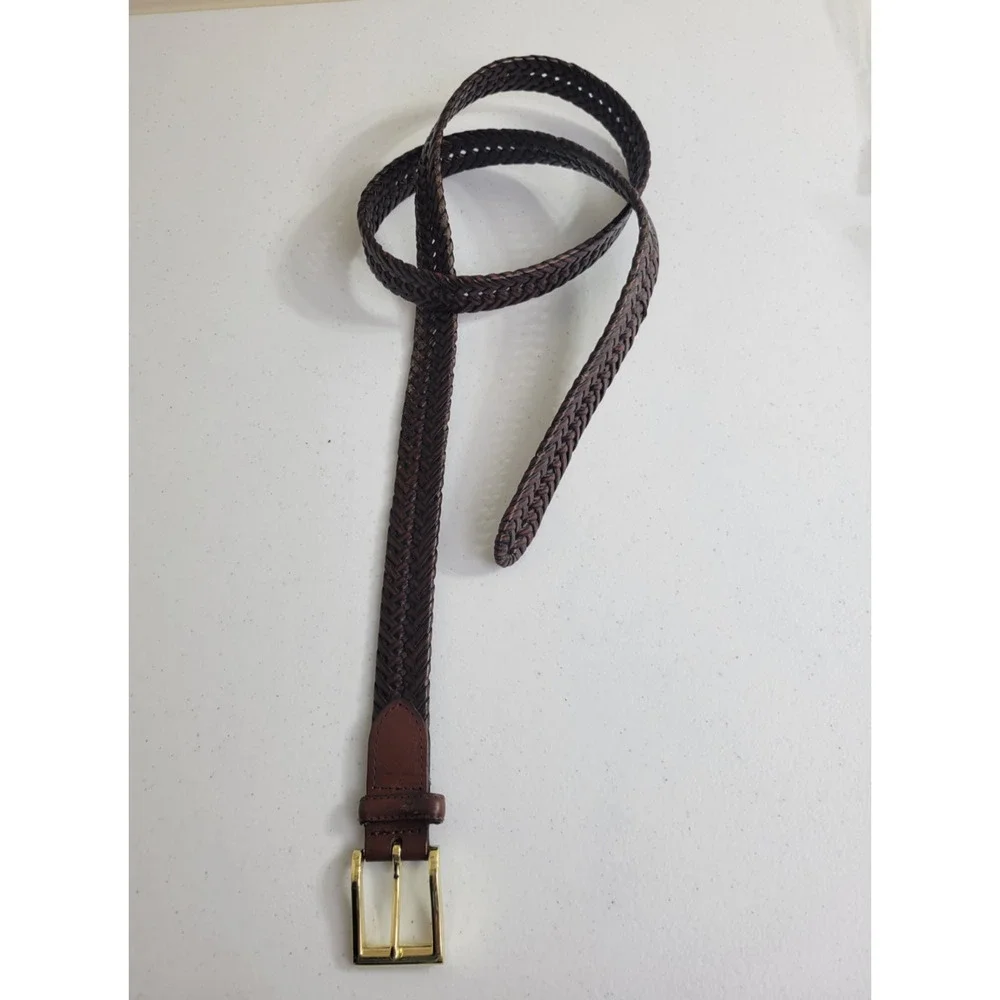 Brown Bonded Leather Woven Braided Belt with Gold Tone Buckle Women's Size 48-50